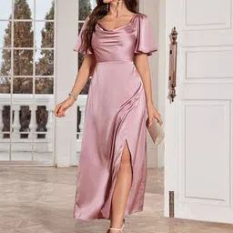 Outzidr Women Solid Cowl Neck Maxi Dress-image-80