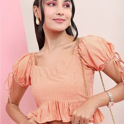 Tokyo Talkies Checked Sweetheart Neck Peplum Top-image-30
