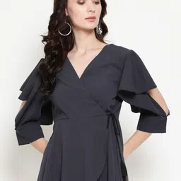 AKIMIA Grey Slit Sleeves Crepe Wrap Top-image-52