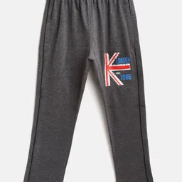 CHIMPRALA Kids Charcoal Grey Solid Cotton Antimicrobial Track Pants with Printed Detail-image-94
