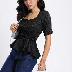 Stylecast X Hersheinbox Waist Tie-Up Tropical Self Design Top-image-3