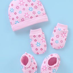 Babyhug Cotton Floral Print Cap Mittens & Booties Set - Pink-image-93