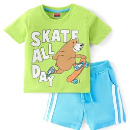 Babyhug Cotton Knit Half Sleeves T-Shirt & Shorts Set Bear Print - Green & Blue-picture-49