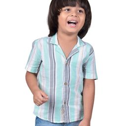 Polka Tots Half Sleeves  Striped Shirt - Aqua Blue & Grey-image-44