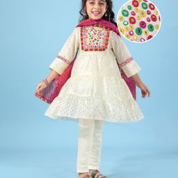 EARTHY TOUCH Woven Three Fourth Sleeves Churidar Set with Dupatta & Mirror Work - Cream-image-1