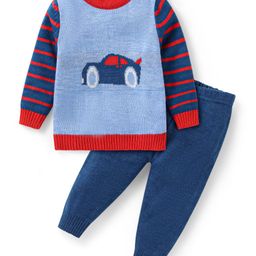 Babyhug Knitted Full Sleeves Pullover Sweater Set With Car Design - Blue & Orange-image-62
