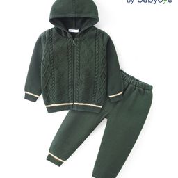Babyoye 100% Cotton Knit Textured Full Sleeves Baby Sweater Set with Cable Knit Design - Green-28