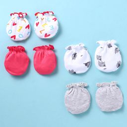 Ben Benny Interlock 100% Cotton Knit Solid Color & Text Printed Mittens  Pack of 3 - White Grey & Dark Pink-24