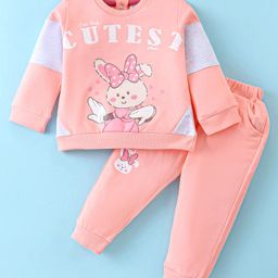ToffyHouse 100% Cotton Knit Full Sleeves T-Shirt & Lounge Pants Set With Bunny Print - Baby Pink-image-89