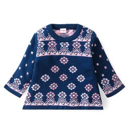 Babyhug Knitted Full Sleeves A-Line Woollen Dress With Floral Design - Navy Blue-image-96