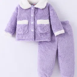 Kookie Kids Full Sleeves Winter Wear Night Suit With Pockets Detailing - Lavender-picture-11