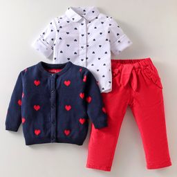 ToffyHouse Knitted Full Sleeves Winter Wear Heart Print Sweater Cardigan & Shirt with Solid Lounge Pant Set - Navy Blue Red White-2