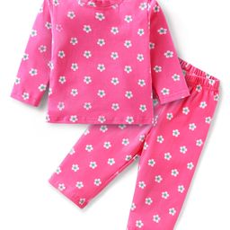 Babyhug Cotton Knit Full Sleeves Night Suit with Floral Print - Dark Pink-image-62