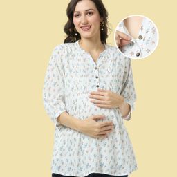 Bella Mama Woven Three Fourth Sleeves Front Open Maternity Top With Floral Print & Pintucks Design - White-image-6