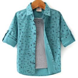 Rikidoos Full Sleeves Skateboard Printed Shirt With Attached Tee - Green & Grey Melange-picture-33