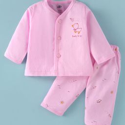 Zero Sinker Knit Full Sleeves Front Open Night Suit With Duckling Print - Pink-image-28