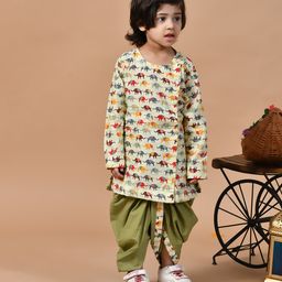 MoMaa Pure Cotton Full Sleeves Elephants Printed Dhoti Kurta Set - Cream & Green-image-19