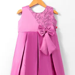 Twetoons Satin Woven Sleeveless Pleated Party Dress with Floral Embroidery & Bow Applique - Dark Pink-picture-43