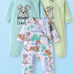 Babyhug Disney Interlock Knit Full Sleeves Rompers with Lady & The Tramp Graphics Pack of 3 - White Light Blue & Light Green-picture-33