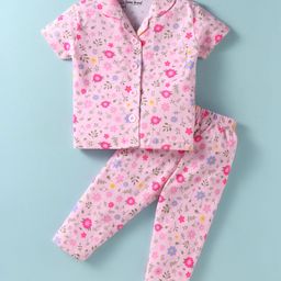 Little Darlings Sinker Knit Half Sleeves Night Suit with Floral Print - Pink-image-23