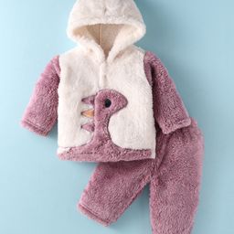 Mom's pet Fur Full Sleeves Dinosaur Embroidered Hooded Tee With Pant Set - Pink-image-80