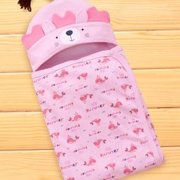 Baby Naturelle & Me Interlock Knit Hooded Wrapper with Dolphin Print & Bear Applique L 76 x B 84 cm - Neon Pink-image-33
