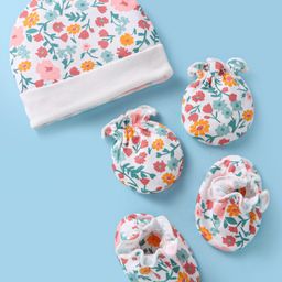 Ben Benny 100% Cotton Knit Cap Mittens & Booties Set with Floral Print White - Diameter 9.5 cm-image-12