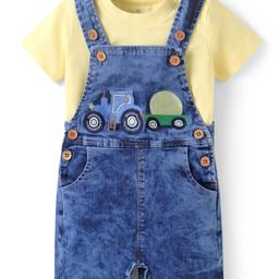 Mark & Mia Knitted Vehicle Embroidered Dungaree with Half Sleeves Solid Color Inner T-Shirt - Yellow & Blue-image-92