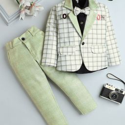 Fourfolds Cotton Full Sleeves Checked 3 Piece Party Suit Set - Green-picture-18
