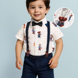Mark & Mia Cotton Woven Half Sleeves Teddy Bear Printed Shirt & Denim Shorts Set With Bow & Suspender - White & Navy Blue-picture-18
