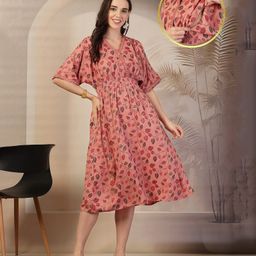 Zelena 100% Rayon Half Sleeves Leaf Printed Maternity Feeding Dress With Zip Nursing Access & Pockets - Peach-image-29