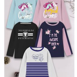 3PIN Cotton Jersey Pack Of 5 Full Sleeves Striped & Unicorn Printed Tees - Multi Colour-picture-20