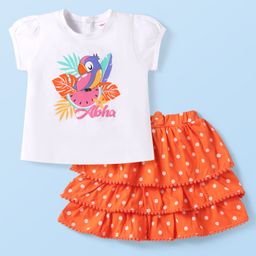 Babyhug Single Jersey Knit Half Sleeves Top & Skirt Set with Bird & Polka Dots Print Bow Applique - Orange & White-picture-12
