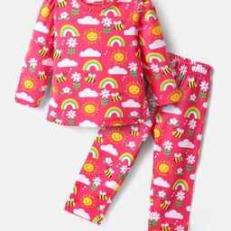 Babyhug Cotton Knit Full Sleeves Co-ords Night Suit with Rainbow Print - Dark Pink-image-90