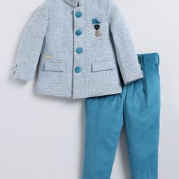 LITTLE COLLARS Velvet Suede Full Sleeves Textured Coat & Pant Set - Green-image-3