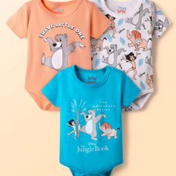 Babyhug Disney Interlock Knit Half Sleeves Onesies with Mowgli & Friends Graphics Pack of 3 - White Orange & Blue-image-95