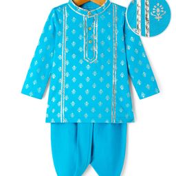 EARTHY TOUCH Single Jersey Knit Mandarin Collar Full Sleeves Kurta Dhoti Set with Floral Foil Print & Lace Detailing - Light Blue-image-95