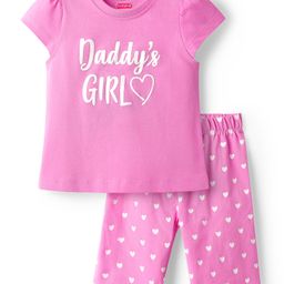 Babyhug Cotton Knit Cap Sleeves Capri Night Suit With Heart Print - Pink-image-54