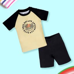 Kiddopanti Half Raglan Sleeves Beach Theme Printed Swimming Tee & Shorts Set - Light Yellow & Black-image-11