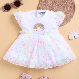 Wonderchild Cap Sleeves Rainbow & Polka Dots Printed Knee Length Dress - White-image-24