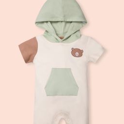 My Milestones 100% Cotton Knit Half Romper Color Blocked & Bear Patch Detailed Romper - Ecru-picture-43
