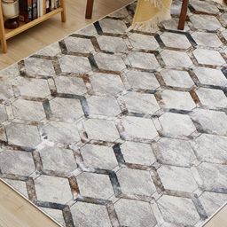 Home Centre Zephyr Davon Beige Geometric Printed Shaggy Carpet-0