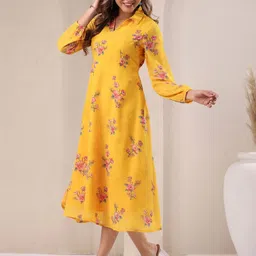 Janasya Women's Mustard Georgette Floral Printed A-line Dress-23