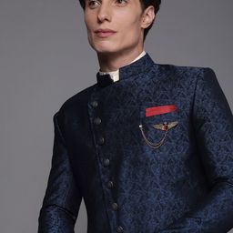 Manyavar Men Navy Blue & Beige Ethnic Motif Printed Sherwani and Churidar Set-image-92