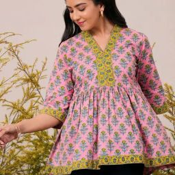 Libas Pink Cotton Printed Fit and Flare Short Kurti-image-69