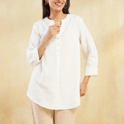 Fabindia White Cotton Comfort Fit Checks Tunic-image-30