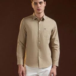 The Bear House Beige Slim Fit Solid Shirt-image-17