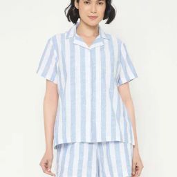 Clovia Blue Cotton Relaxed Fit Striped Short Sets-picture-46