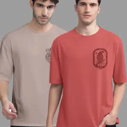 Bullmer Lavender & Red Cotton Oversized Fit Printed T-Shirt - Pack Of 2-image-79