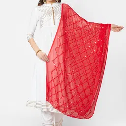 Dupatta Bazaar Red & White Ethnic Motifs Embroidered Dupatta with Mirror Work-16